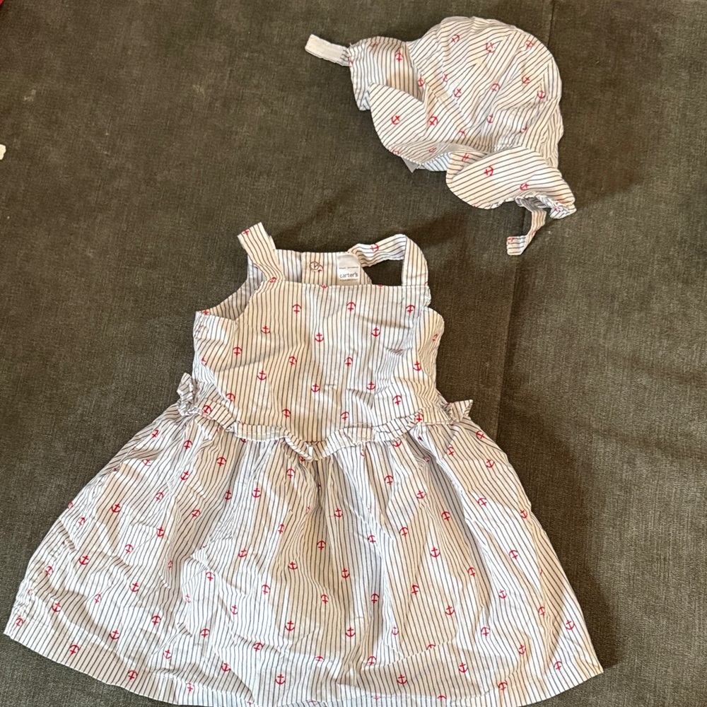 Carters Striped Anchor Sundress with Matching Hat - White & Red